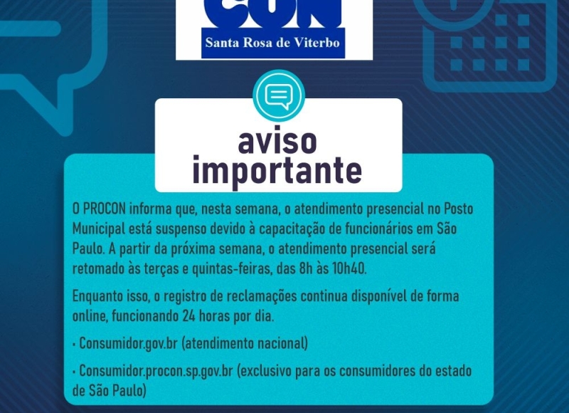 Aviso sobre Atendimento Presencial no Posto Municipal do PROCON