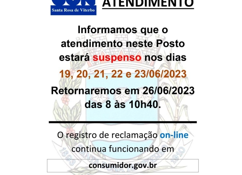 Atendimento do PROCON estará suspenso de 19 a 23 de junho