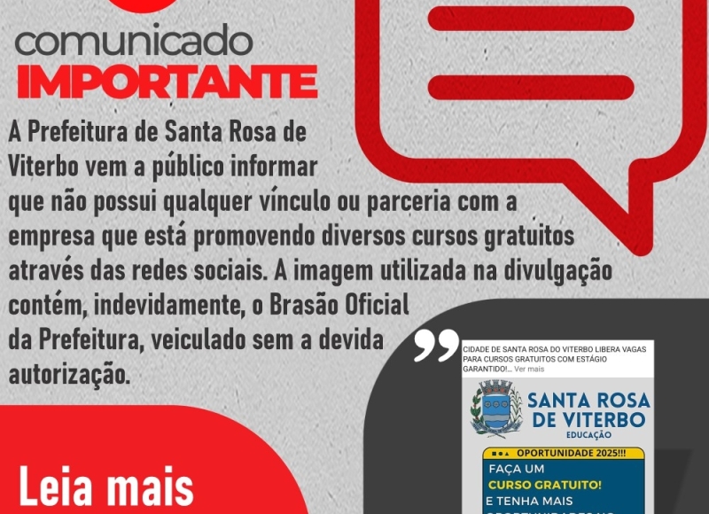 A Prefeitura informa que não possui qualquer vínculo ou parceria com a empresa que está promovendo diversos cursos 