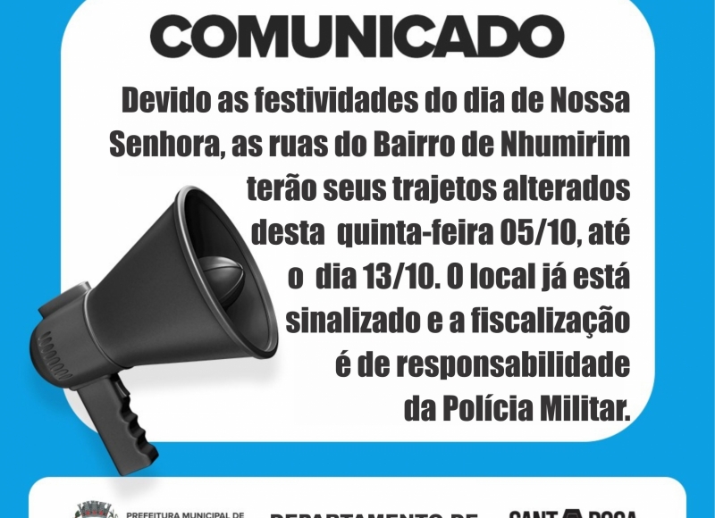 COMUNICADO - ALTERAÇÃO DE TRÂNSITO EM NHUMIRIM