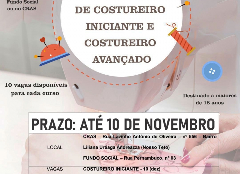 Prorrogado o prazo de inscrições para os Cursos de Costureiro Iniciante e Costureiro Avançado