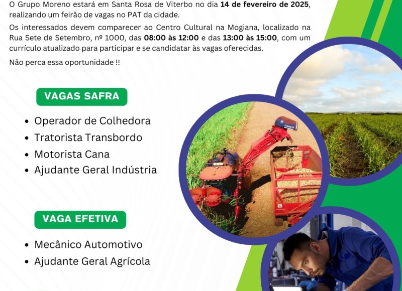 Usina Moreno promoverá Feirão de Vagas em Santa Rosa de Viterbo
