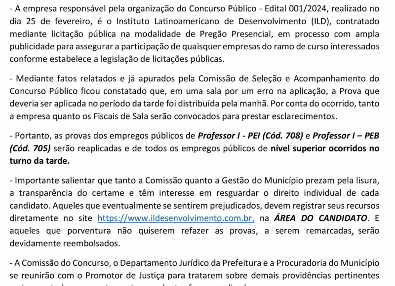 Nota de Esclarecimento da Comissão de Seleção e Acompanhamento do Concurso Público - Edital 001/2024 