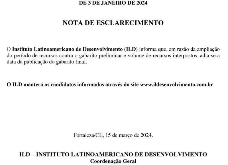 CONCURSO PÚBLICO: ADIADA A DATA DE PUBLICAÇÃO DO GABARITO FINAL