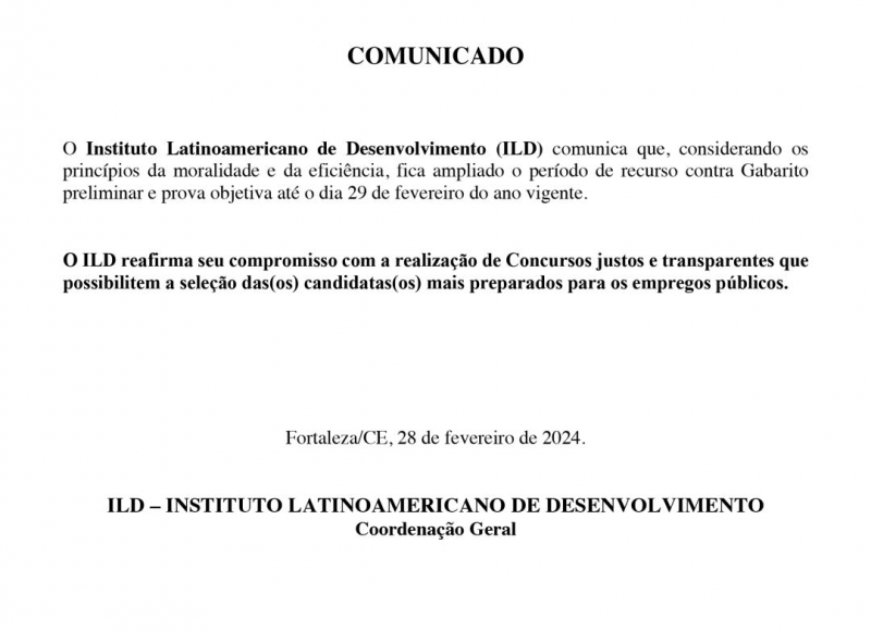 Concurso Público: Ampliado o período de recurso contra Gabarito preliminar e prova objetiva até o dia 29 de fevereiro 