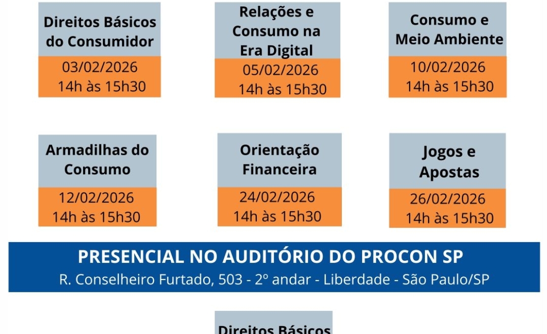 A Fundação Procon-SP informa a agenda das Palestras (online e presencial), que serão realizadas no mês de fevereiro de 2