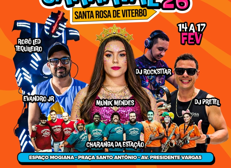 Confira as atrações do Carnaval 2026 de Santa Rosa de Viterbo-SP   