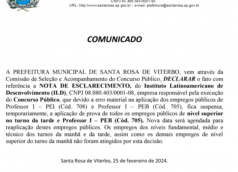 COMUNICADO SOBRE O CONCURSO PÚBLICO