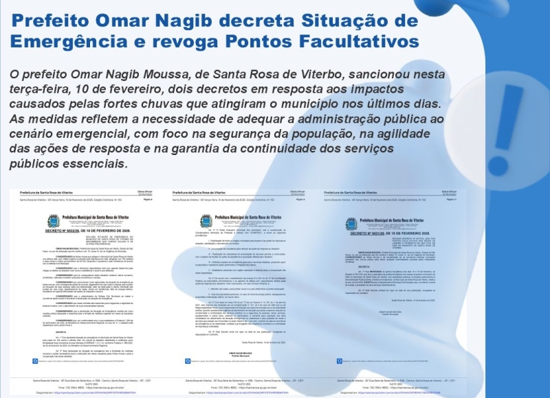 Prefeito Omar Nagib decreta Situação de Emergência e revoga Pontos Facultativos