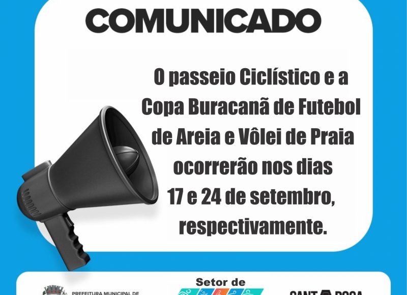 Novas datas para o Passeio Ciclístico e a Copa Buracanã de Futebol de Areia e Vôlei de Praia