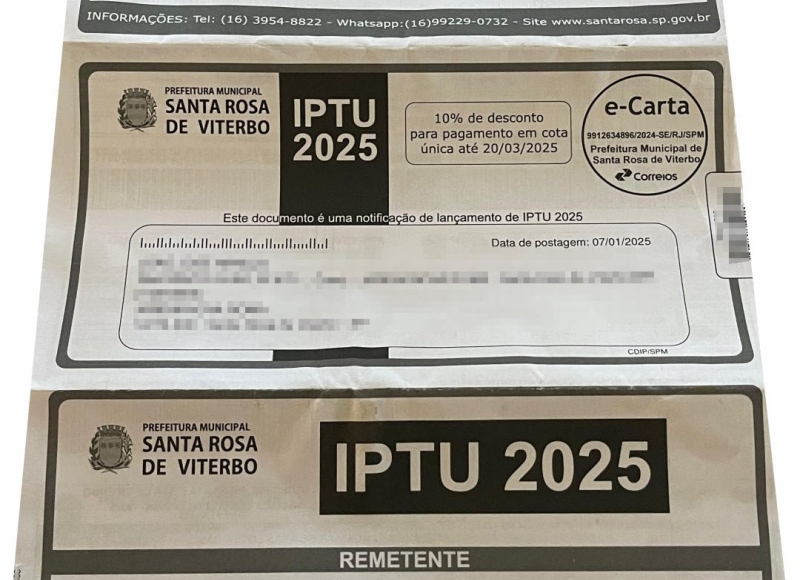 Guia do IPTU 2026 começam a ser entregues a partir de segunda-feira
